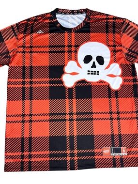 All Hustle Gear Mens Jersey Orange Black Plaid Skull Crossbones Fitz 6 Size 2XL